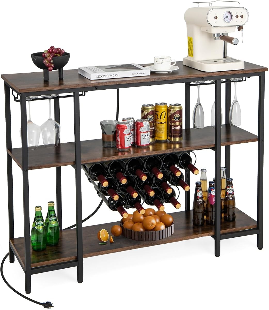 COSTWAY Wine Bar Cabinet, 3-Tier Home Mini Bar for Liquor w/Power Outlets, Glass Holder, Wine Rack, Anti-Tipping Kit, Metal Coffee Bar Table for Home Apartment Kitchen Living Room Pub (Brown)