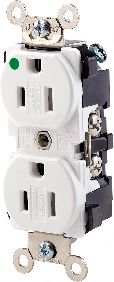Leviton 15-Amp, 125 Volt, Extra Heavy Duty Hospital Grade, Duplex Receptacle, Tamper-Resistant, Straight Blade, Self Grounding, 8200-SGW, White