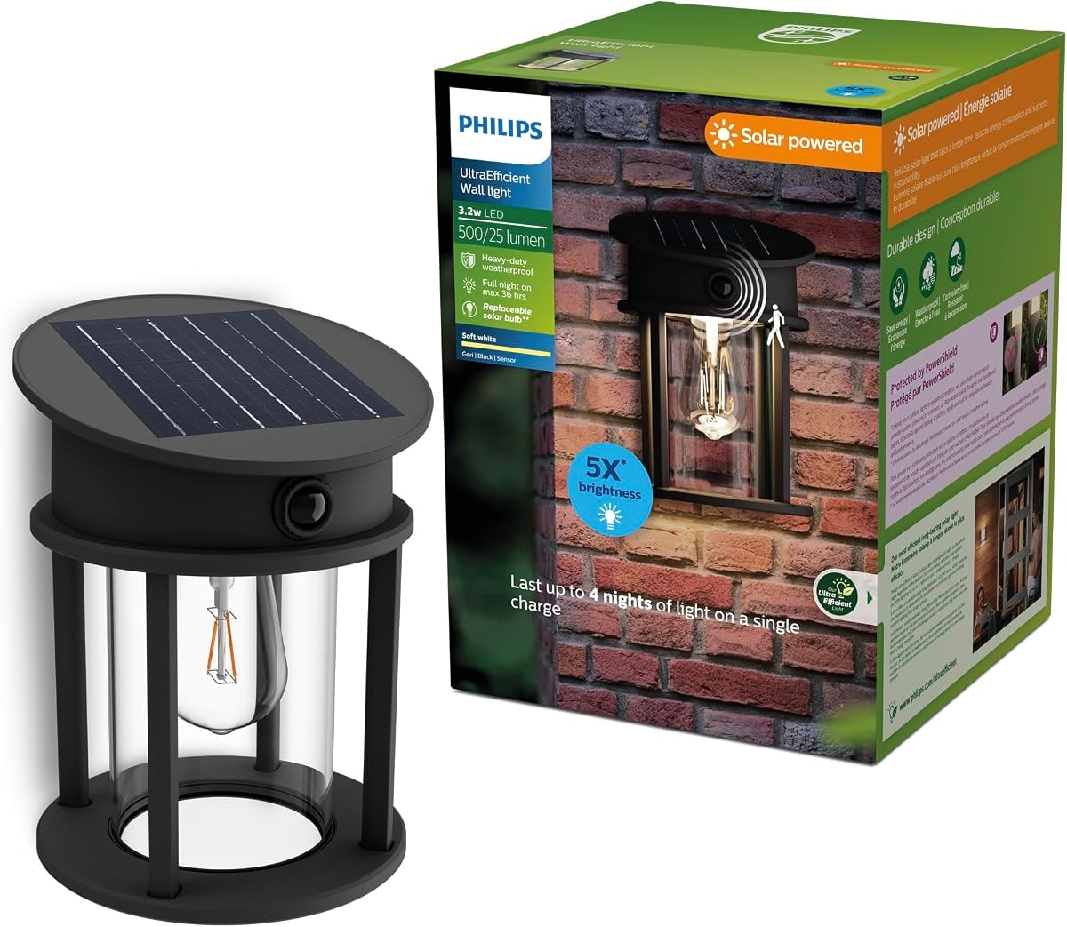 Philips Solar LED 1-Pack Geri UltraEfficient Outdoor Wall Light, Motion Sensor, 2700K, Round, Black, 500 Lumen, High Brightness, Glass, Metal