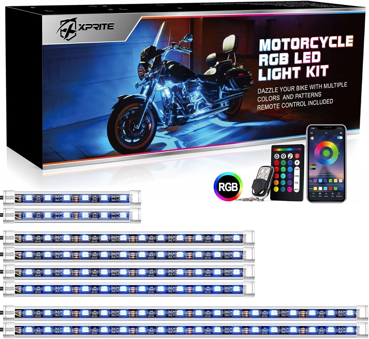Xprite Motorcycle RGB LED Light Kit Waterproof w/Wireless Remote Control Underglow Neon Lights Strips Red Brake Lamp Function for Harley Davidson Honda Kawasaki Suzuki 8PCS