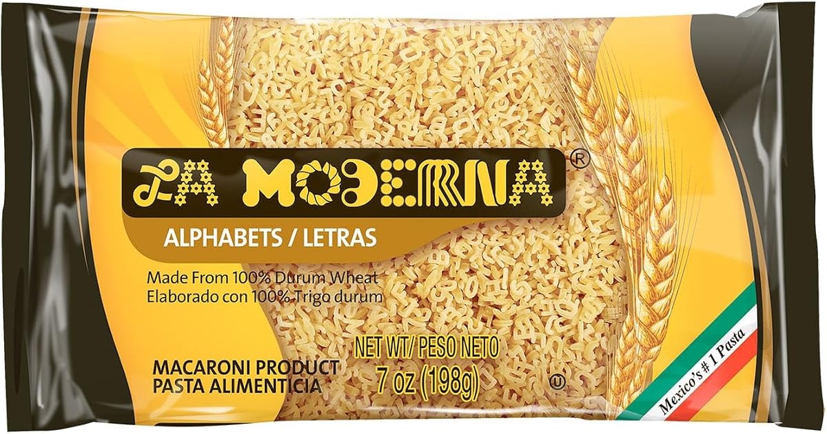 LA MODERNA, Alphabet Letras Pasta, 7 oz (Pack of 1) | Enriched Durum Wheat Semolina Pasta | Fun Letter Shapes for Soups | Non-GMO | Kosher | Vitamins & Iron Enriched | Fun Letters for Kids