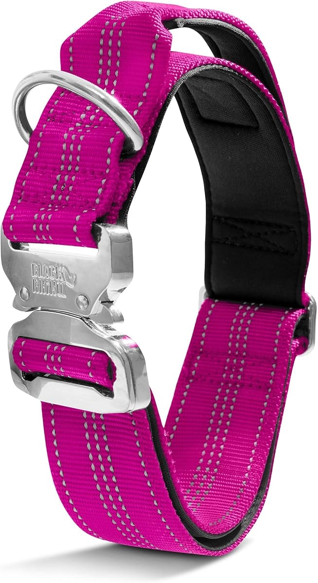 Black Rhino - Tactical Dog Collar Ultra-Soft Neoprene Padded Dog Collars for Medium, Large, XL Dogs | Heavy Duty Metal Buckle | Padded Handle for Dog Training (Large, Pink)
