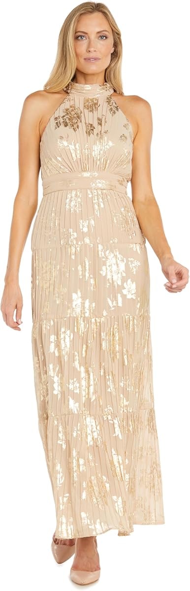 R&M Richards Women's Metallic Halter Neck Pleated Gown | High Neck Tiered Skirt | Formal Dress for Evening Cocktail Party