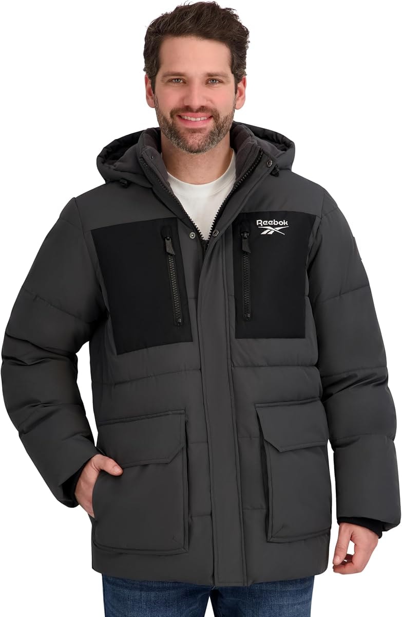 Reebok Mens Puffer Parka Heavyweight Jacket, Charcoal, M