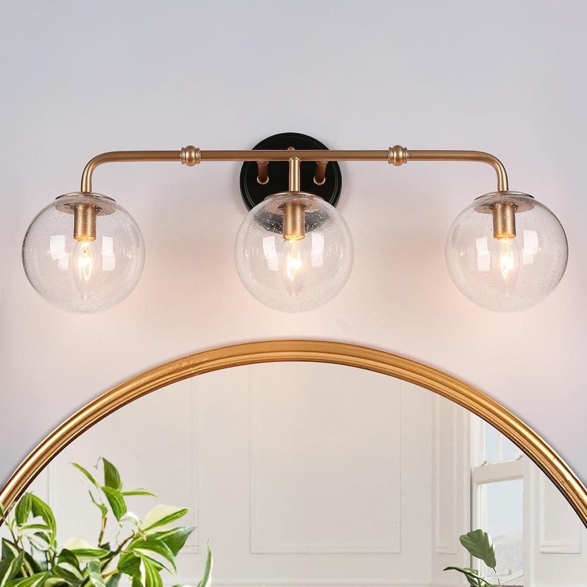 classy leaves Black Gold Bathroom Light Fixtures, 3-Light Vanity Lights for Bathroom with Seeded Glass Globes, Modern Bathroom Vanity Light Fixtures Over Mirror