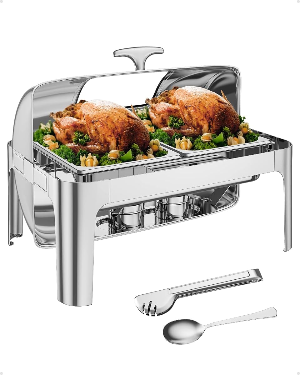 Garvee Rectangular Roll Top Chafing Dish Buffet Set, 9QT Stainless Steel Chafing Dish Set Equipped with 2 Half Size Pans, Catering Warmer Server with Visible Lid Water Pan Stand Fuel Holder Clip