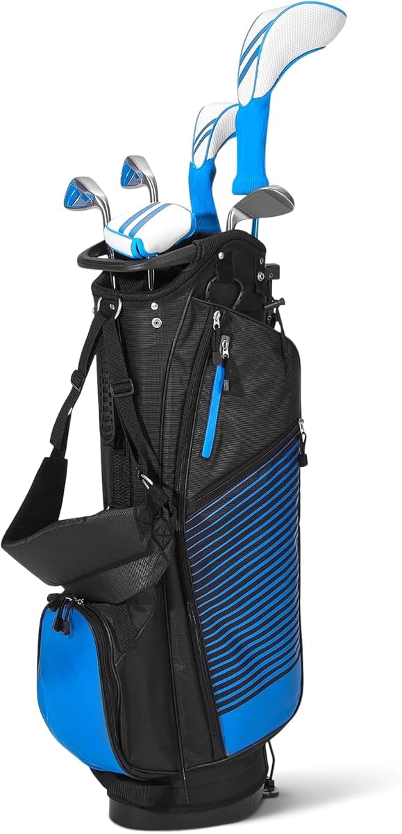 Amazon Basics Golf Club Set, 6- Piece with Stand Bag, Oversized Clubface, Low Center of Gravity, Right Handed, Blue/Black