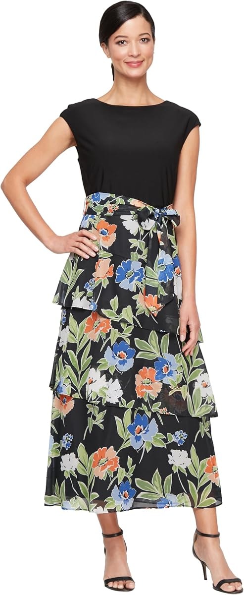 S.L. Fashions Women's Wedding Guest Dress with Stretch Knit Bodice, Perfect for Spring/Summer Casual to Formal Events, Black Multi, 16