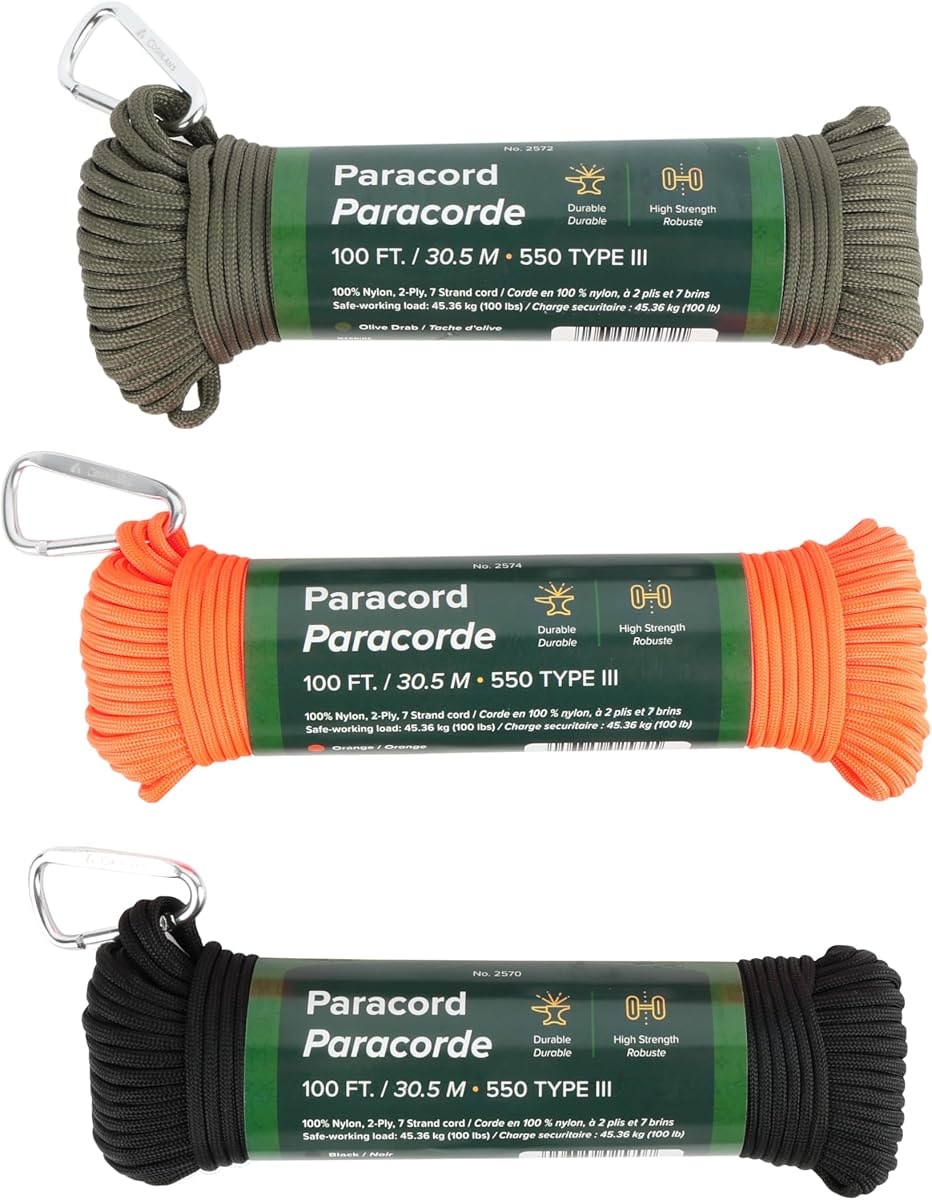 Coghlan’s Paracord 100 ft – Type III 550 Nylon Cord, 7-Strand Core, 550 lb Strength – for Camping, Survival, Outdoor Use – Black