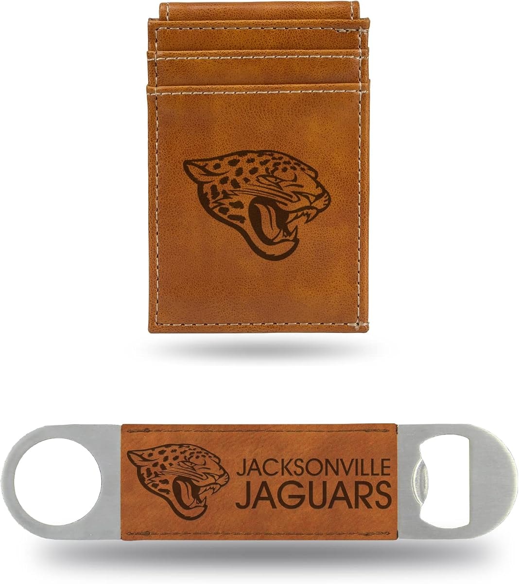 Rico Industries NFL Football Jacksonville Jaguars Brown Laser Engraved Front Pocket Wallet & Bar Blade
