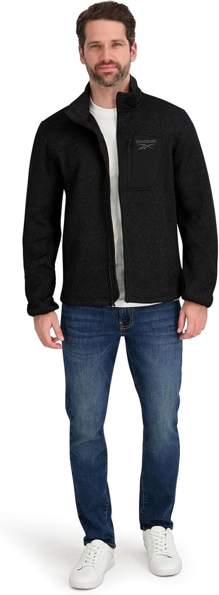 Reebok Mens Mock Neck Zip-Up Textured Fleece Shell Jacket, Black, L