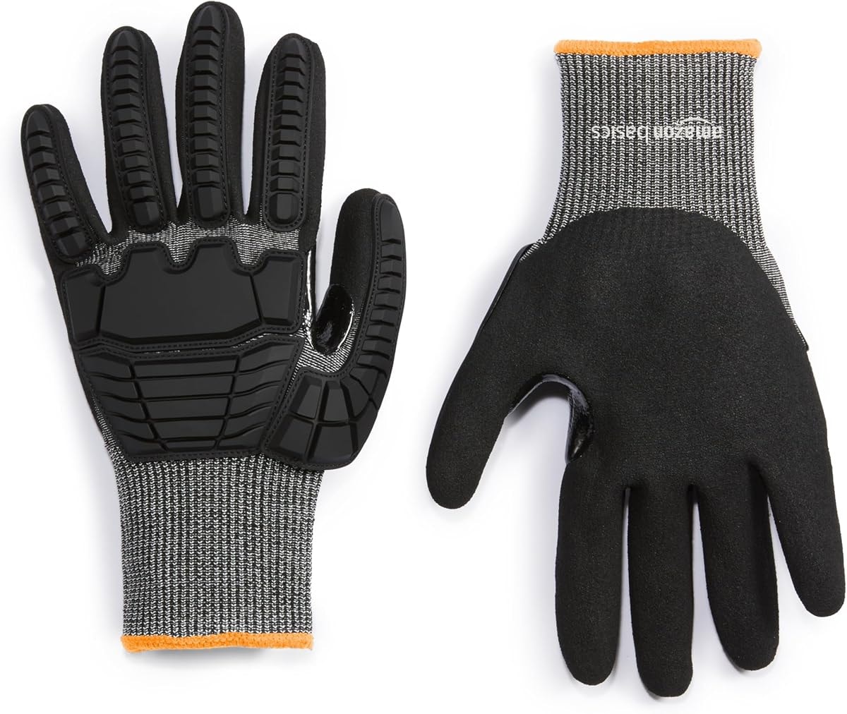Amazon Basics Impact Protection Work Gloves - Cut Level A2, ANSI Level 4 Abrasion, Touchscreen Compatible, 15G Sandy Nitrile Palm, XXXS, 100 Pack, Black with Orange Edge