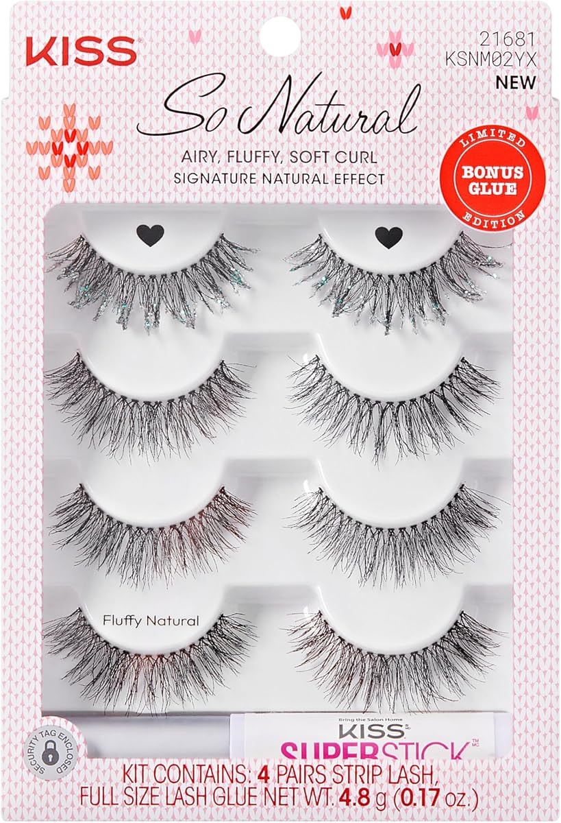 KISS So Natural Holiday False Eyelashes, ‘Fluffy Natural’, 10mm-12mm, Medium Volume, Tapered Ends, 3 Pairs + 1 Pair with Glitter, KISS SuperStick Strip Lash Adhesive, Clear, Net Wt. 4.8g (0.17 oz.)