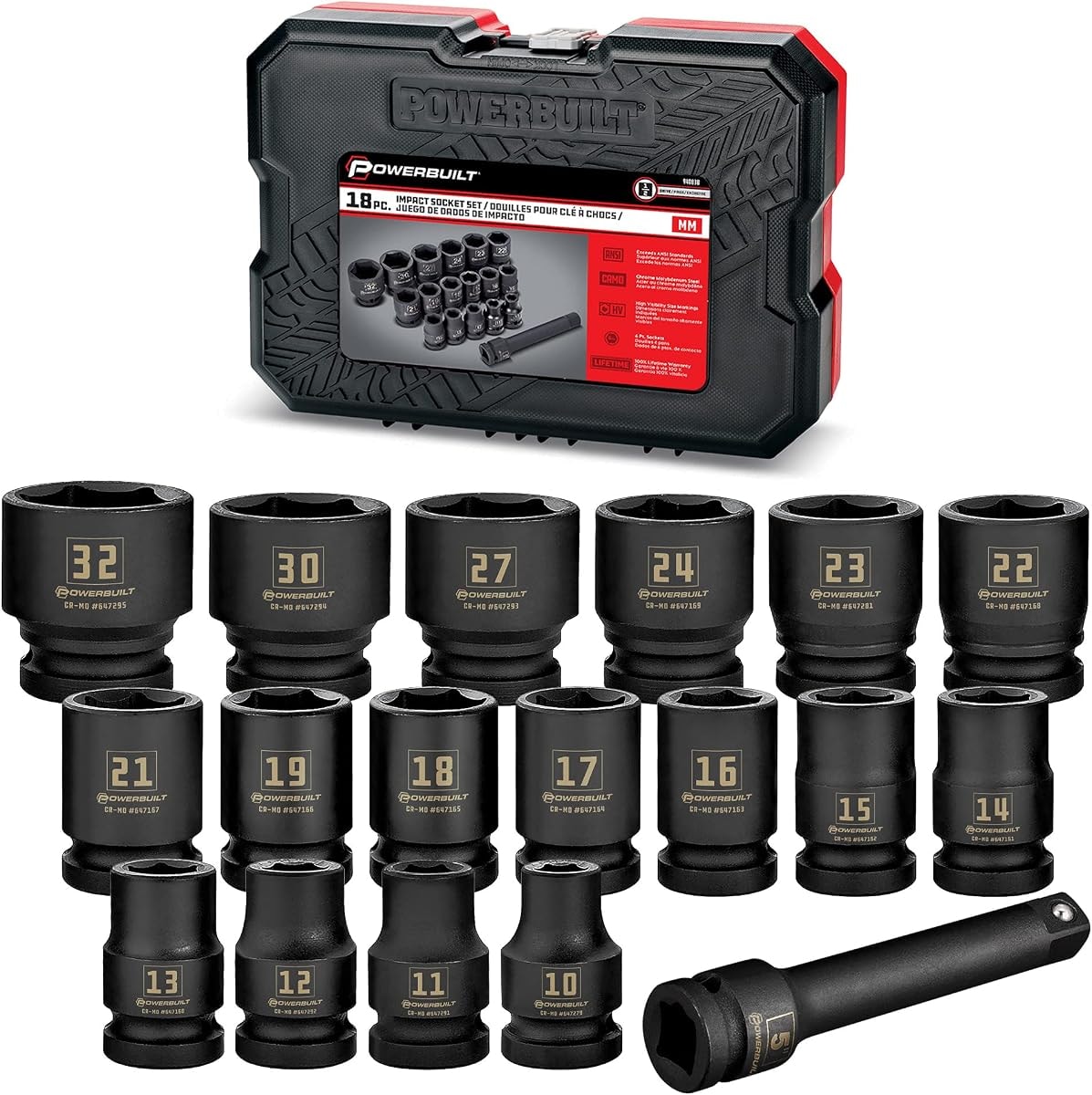 Powerbuilt 18 Piece Metric Impact Socket Set, 1/2 Inch Drive, 5 Inch Extension Bar, Size Markings, Z-Drive Sockets Grip, Storage Case - 940838