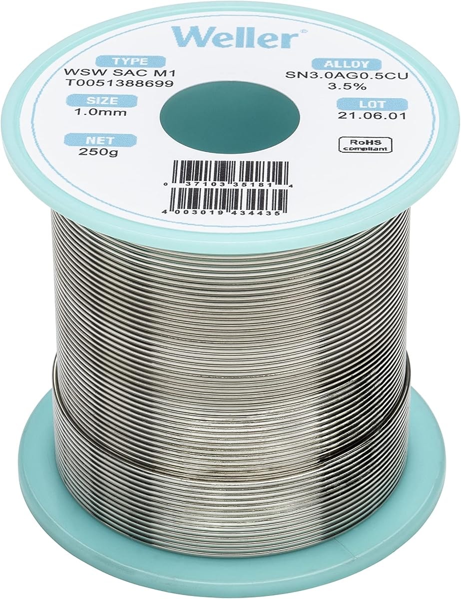 Weller WSW SAC M1 (T0051386299) Lead Free Solder Wire, Dia: 1.0 mm / 0.039 in, Wt: 500 g / 17.637 oz, Alloy Sn96.5Ag3.0Cu0.5, Flux content 3.5%