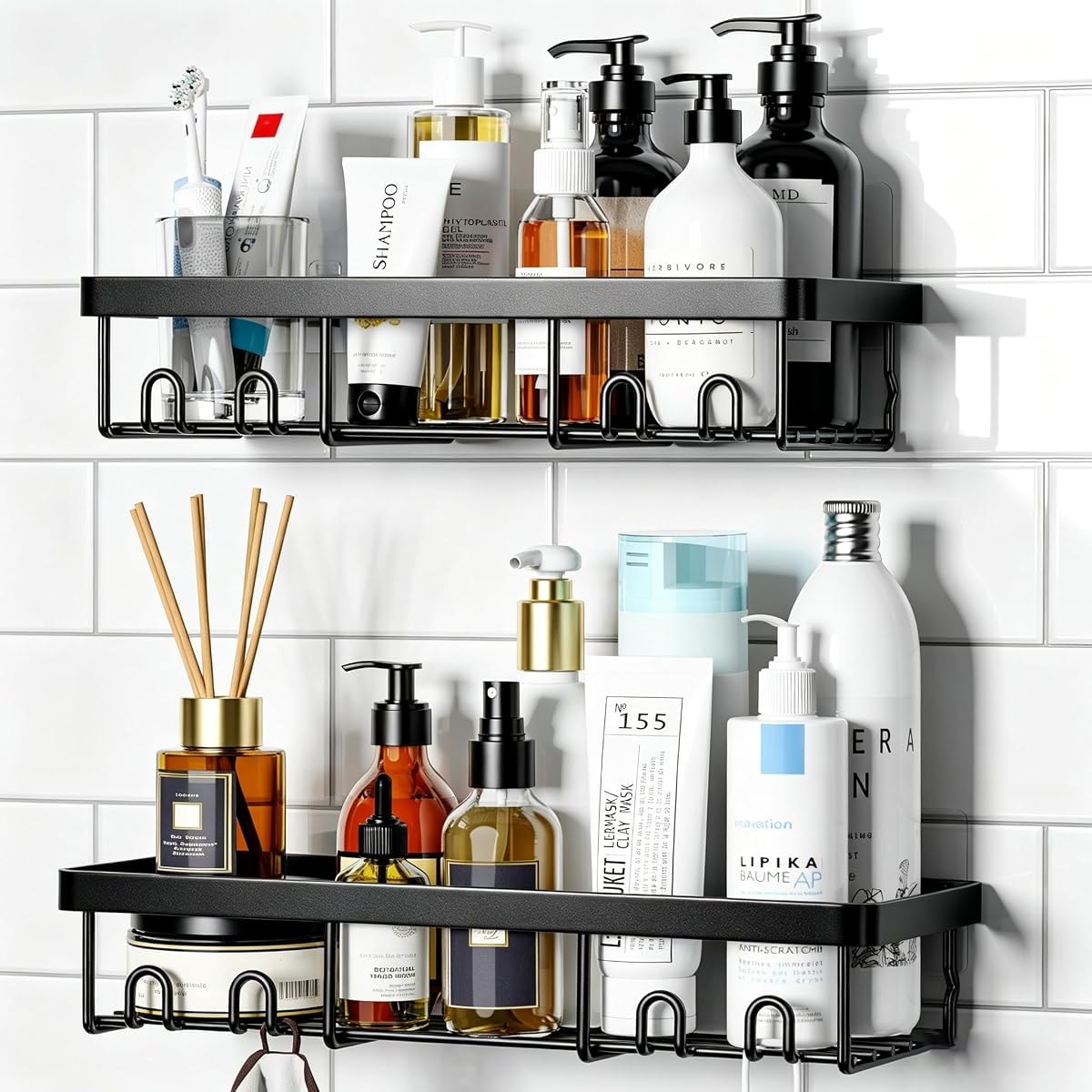 Moforoco Shower Caddy Shelf Organizer Rack, Self Adhesive Black Bathroom Shelves Basket, Home Farmhouse Wall Inside Organization and Storage Decor Rv Accessories, First Camper Apartment Essentials