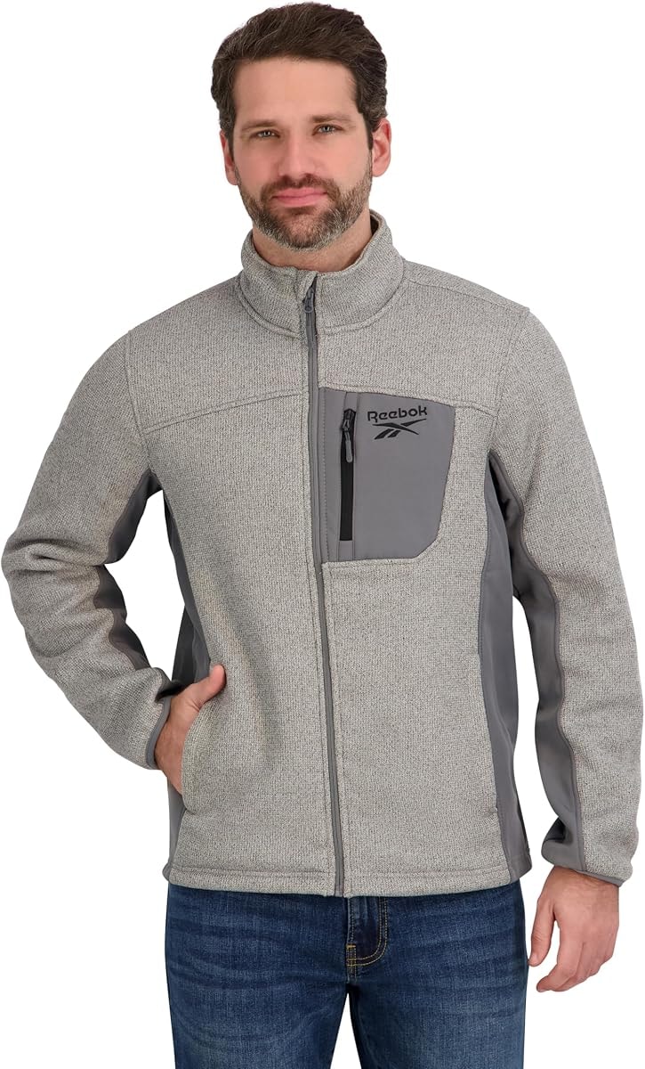 Reebok Mens Mock Neck Zip-Up Textured Fleece Shell Jacket, Grey, L