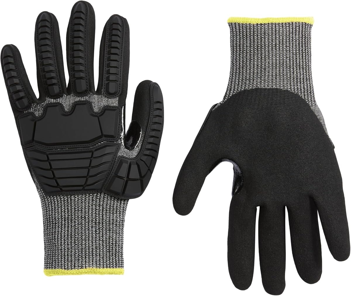 Amazon Basics Impact Protection Work Gloves - Cut Level A2, ANSI Level 4 Abrasion, Touchscreen Compatible, 15G Sandy Nitrile Palm, Small, 10 Pack, Black with Yellow Edge