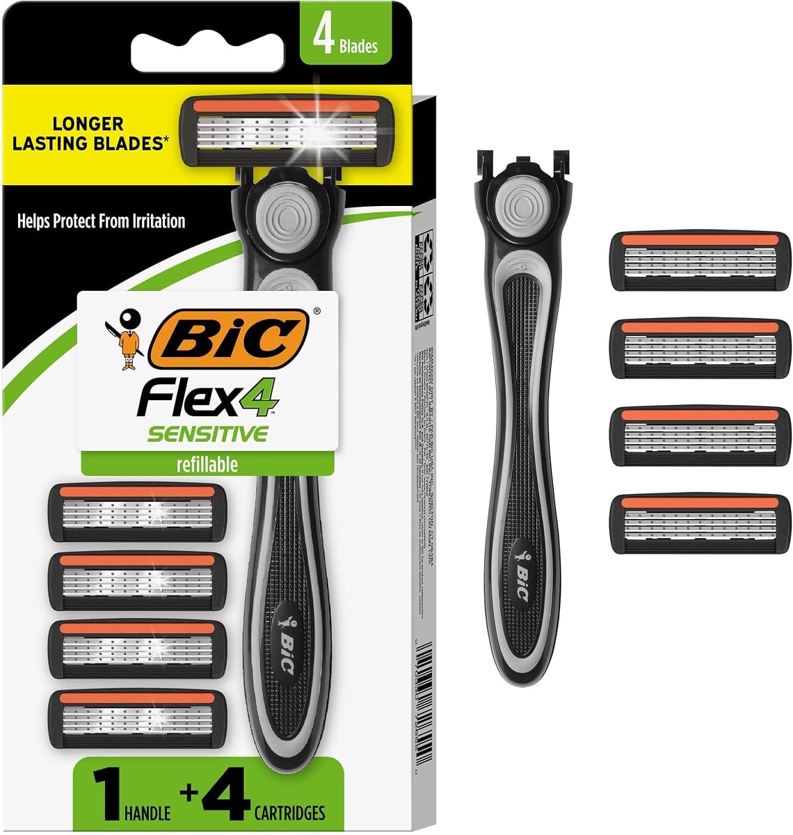 BIC Flex 4 Refillable Razors for Men, Long-Lasting 4 Blade Razors for Sensitive Skin, 1 Handle and 4 Cartridges, 5 Piece Shaving Kit