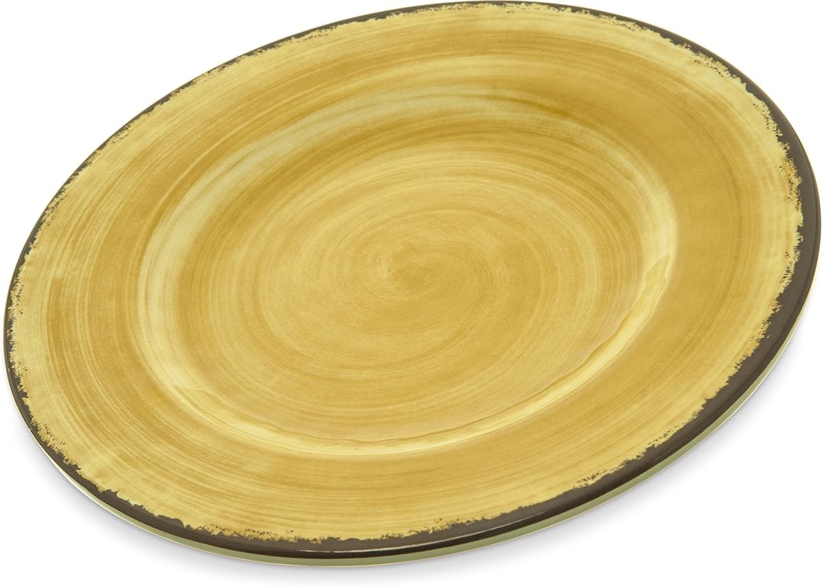 Carlisle FoodService Products Mingle Resuable Plastic Plate Dinner Plate with Pottery Style for Home and Restaurant, Melamine, 9 Inches, Amber, (Pack of 12)
