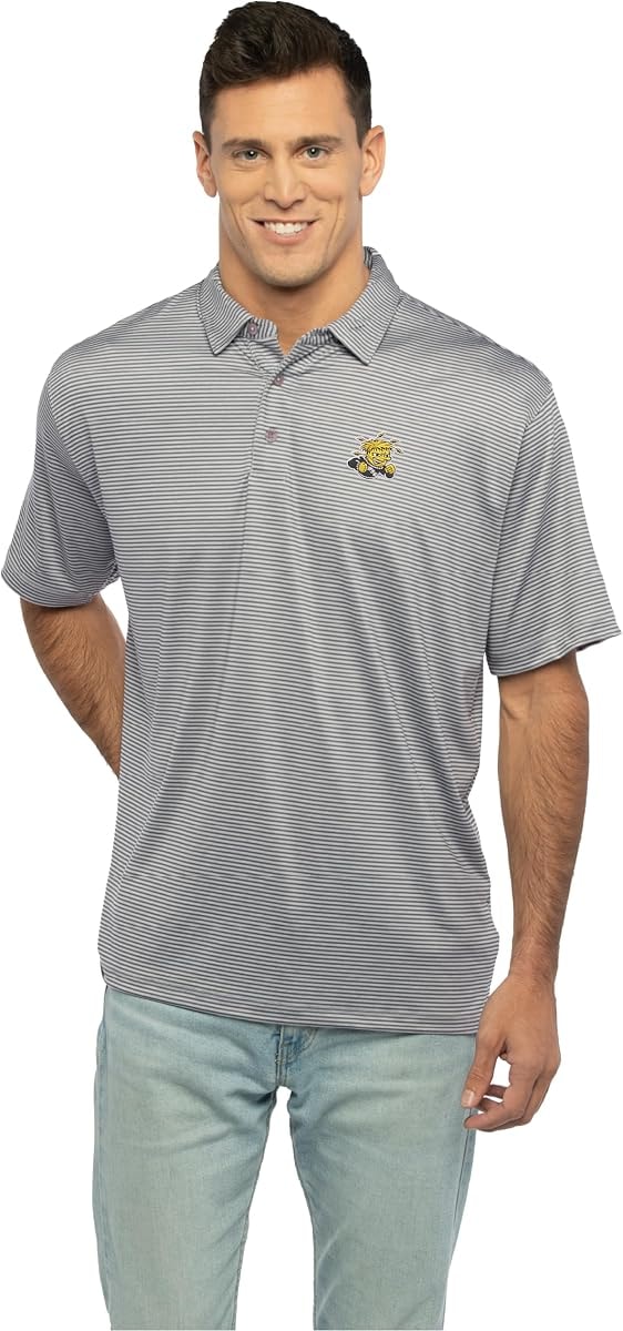 Vantage Apparel Men's Collegiate Premium Moisture Wicking Stretch Fit Striped Polo, Wichita State Shockers, X-Large Team Color