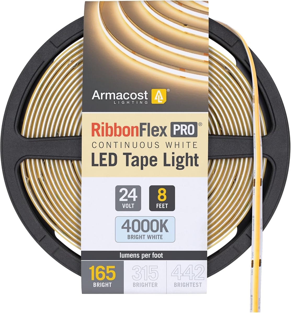 Armacost Lighting RibbonFlex Pro 24V White COB LED Strip Light Tape 4000K, 165 Lumens/Ft, 2.5M 171310