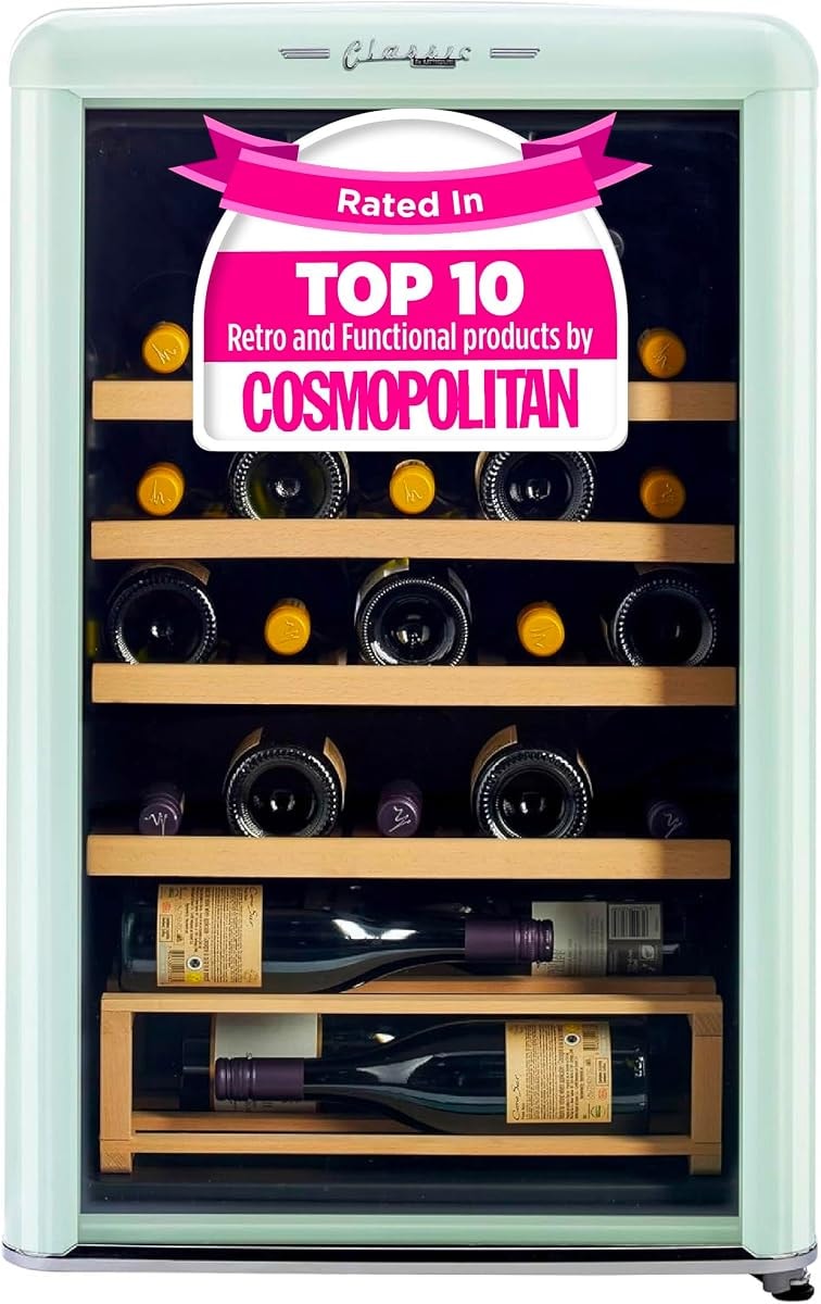 Unique Appliances Classic Retro Electric Wine Cooler, 28-Bottle Wine Fridge with Adjustable Wooden Shelves and Intuitive Digital Control Panel, Single Zone, 21", Summer Mint Green
