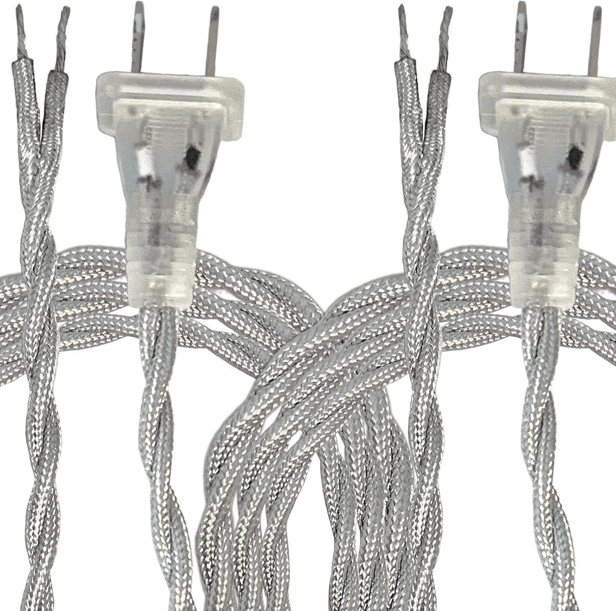 Royal Designs, Inc. CO-6001-SL-8-2 Twisted Rayon Lamp Cord with NEMA-15P Plug, Stripped Ends Ready for Wiring, SPT-1 UL Listed, 8 feet, Silver, 2-Pack