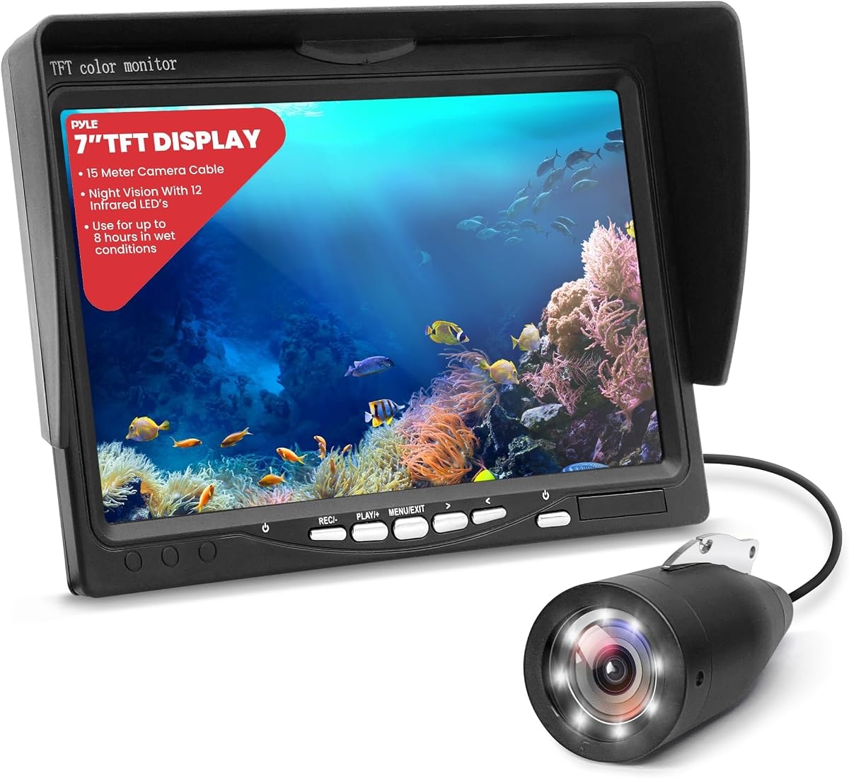 Pyle, Underwater Fishing Camera, LCD Monitor, Night Vision, 7-inch TFT, IP68 Water Resistant, Infrared LED, Removable Sun-Visor, 12V Li-ion Battery, 4500 mAh, Waterproof Suitcase, 50m Cable