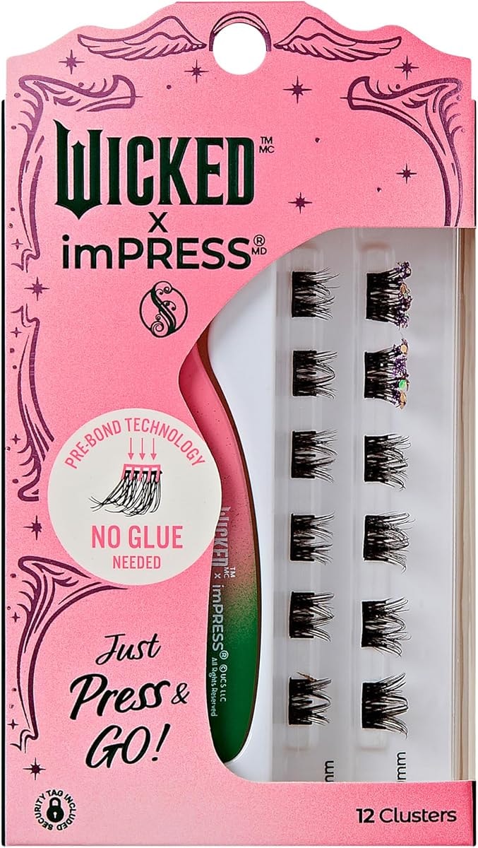 WICKED X imPRESS Press On Self Adhesive Eyelashes, ‘Fantabulous’, 8mm-10mm Medium Volume Press On Lashes, Purple Glitter, No Glue Needed, 12 Lash Clusters & Non-Stick Mini Applicator