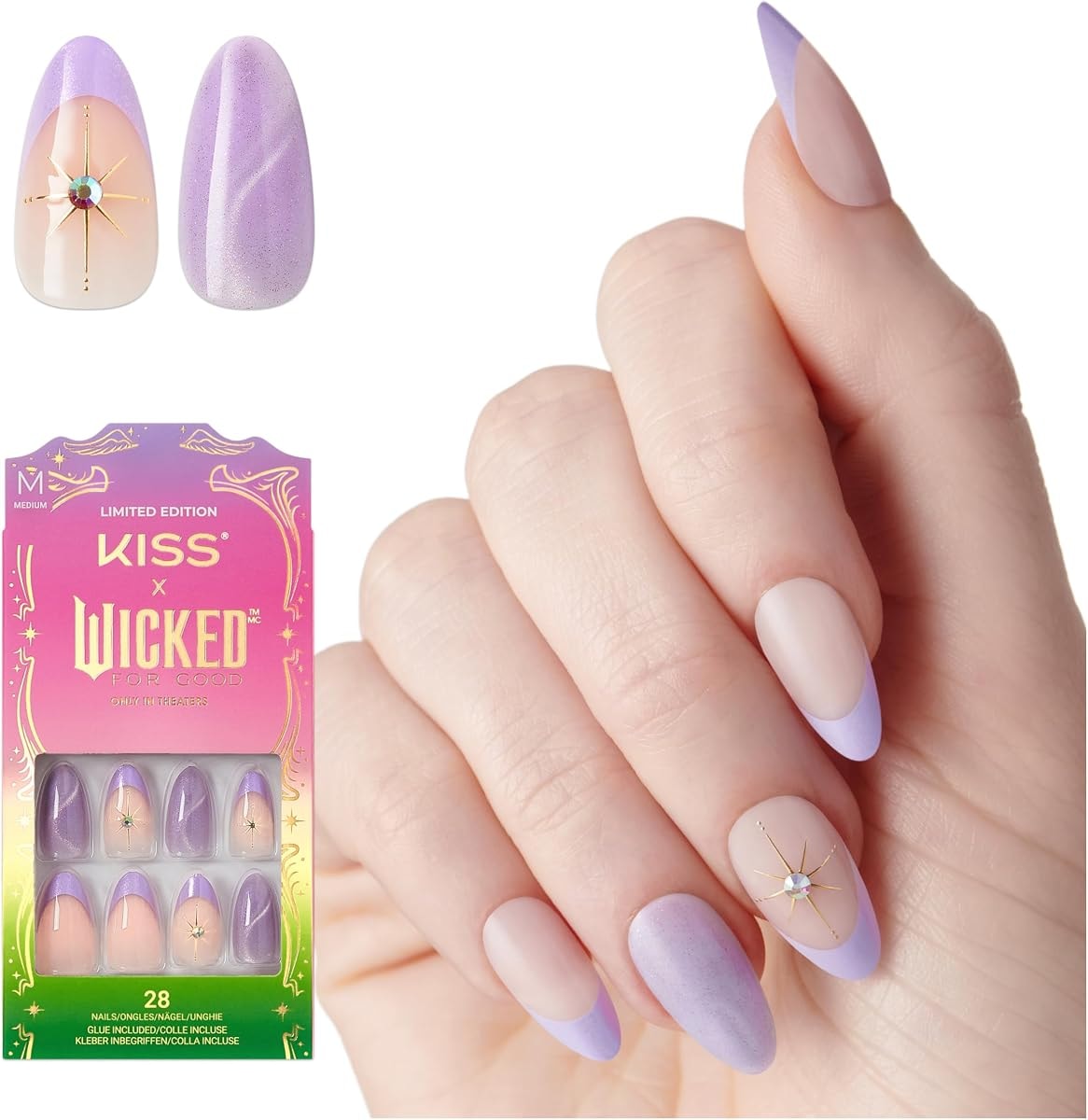 KISS X WICKED: FOR GOOD Press On Nails Almond, ‘Find Your Courage’, Purple, Medium, Waterproof, Chip Proof, Smudge Proof, 28 Fake Nails, Pink Gel Nail Glue (2g), Mini Nail File, & Manicure Stick