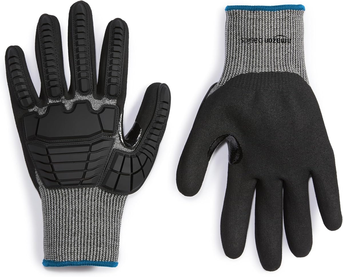 Amazon Basics Impact Protection Work Gloves - Cut Level A2, ANSI Level 4 Abrasion, Touchscreen Compatible, 15G Sandy Nitrile Palm, Medium, 10 Pack, Black with Blue Edge