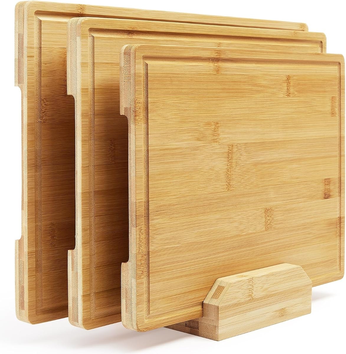 GarveeHome Bamboo Cutting Board Set of 3, Kitchen Cutting Board Set With Holder, Chopping Board Set With Deep Juicy Groove and Back Inner Handles for Meat, Vegetables and Fruit