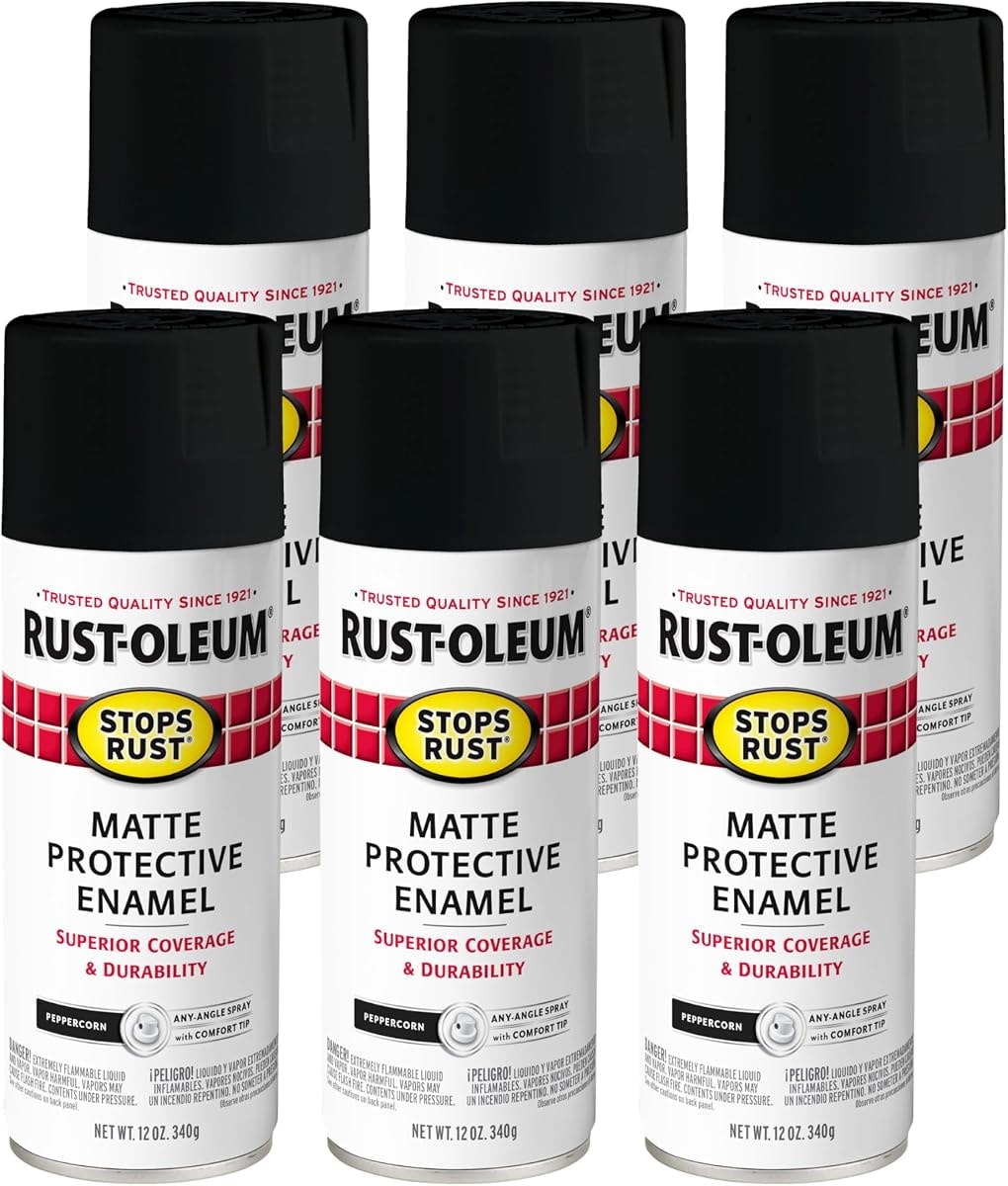 Rust-Oleum 369178-6PK Stops Rust Spray Paint, 12 oz, Matte Peppercorn, 6 Pack