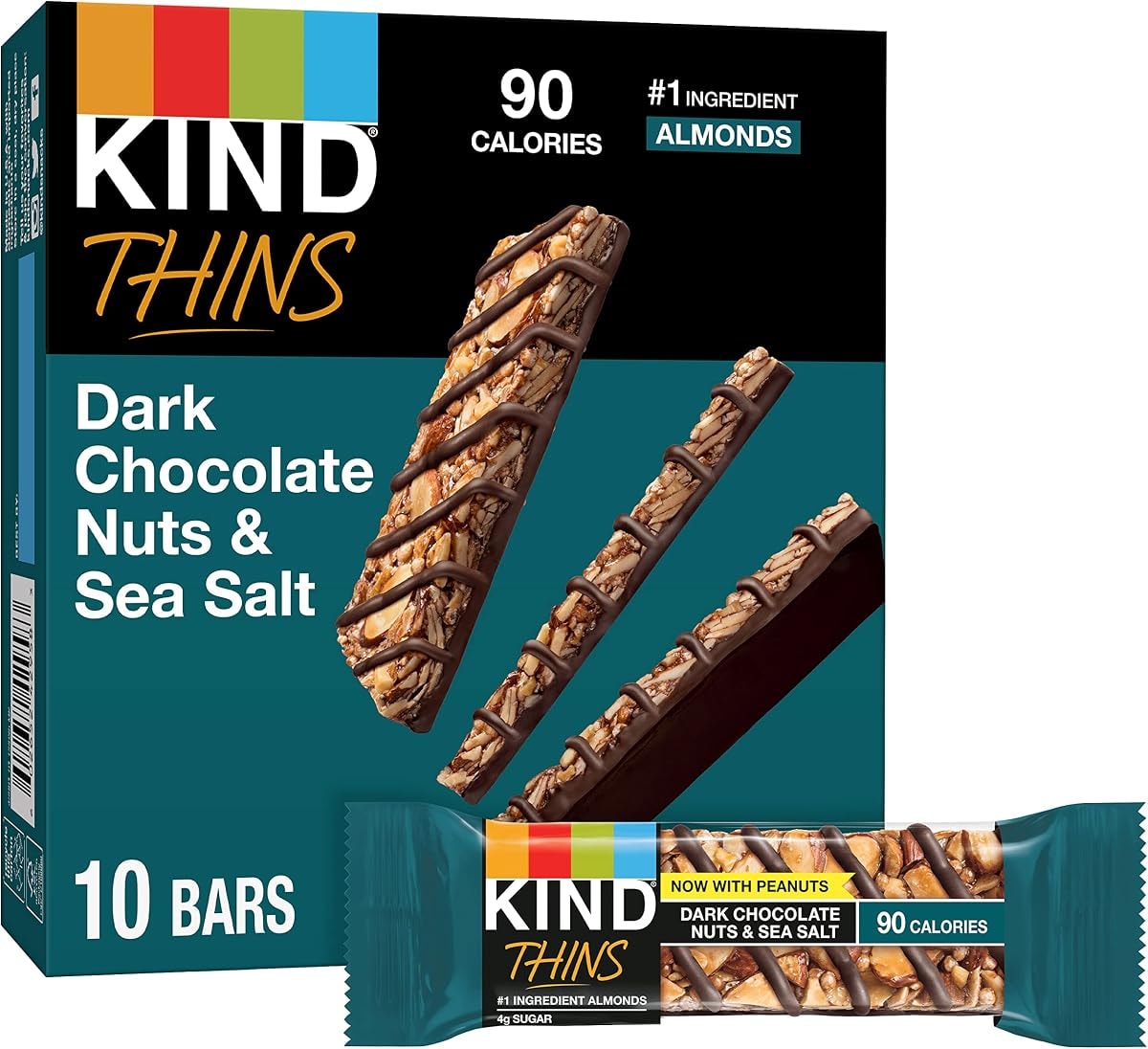 KIND THINS Dark Chocolate Nuts & Sea Salt Bars (Now with Peanuts), Gluten Free, 4g Sugar, 0.74 oz bars, 10 count