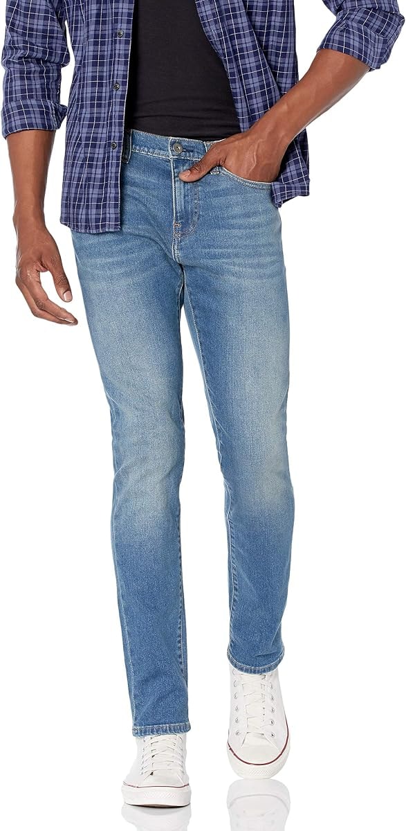 Amazon Essentials Men's Skinny-Fit Comfort Stretch Denim Jeans - Discontinued Colors, Light Blue Broken-in, 42W x 34L