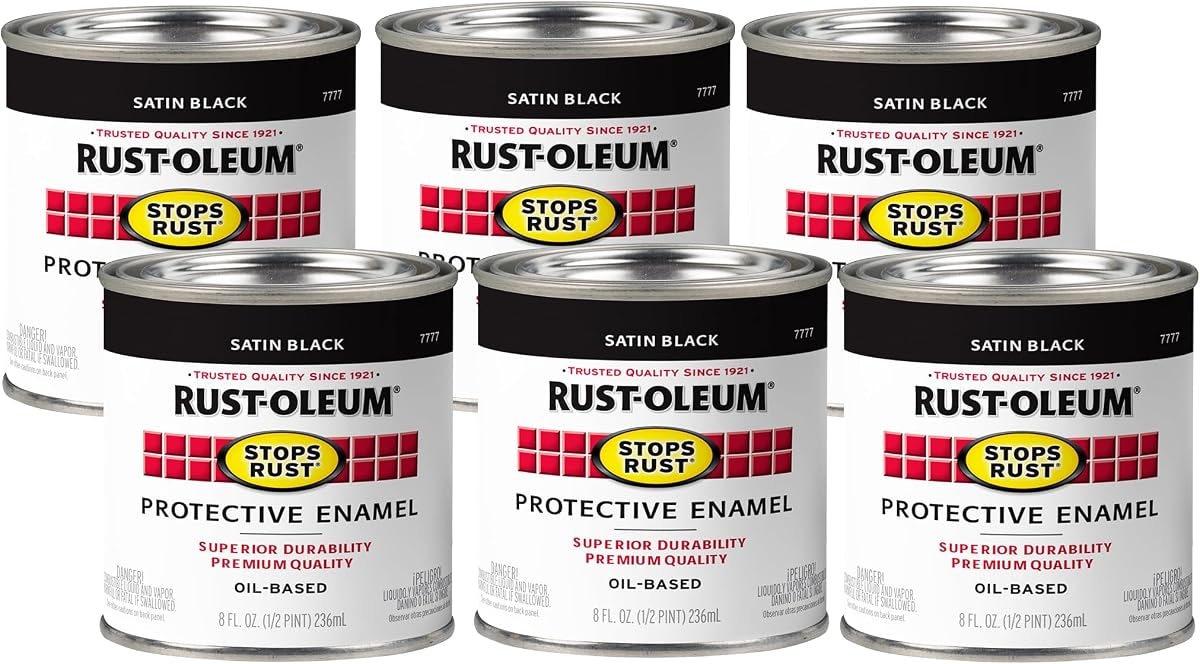Rust-Oleum 7777730-6PK Stops Rust Brush On Paint, Half Pint, Satin Black, (Pack of 6)