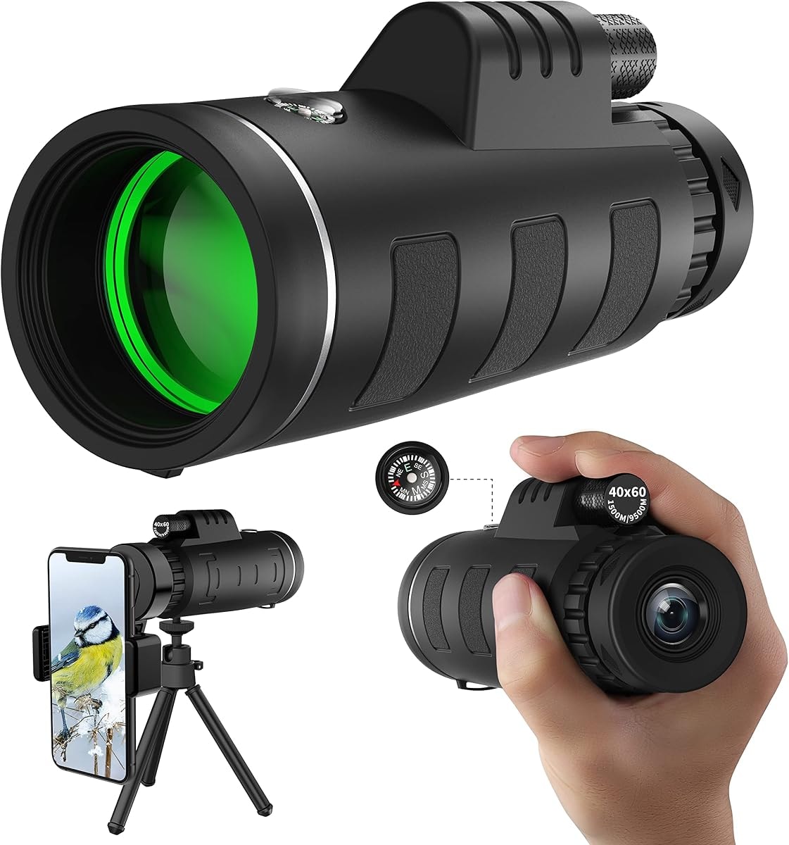 JiaSifu 40x60 High Definition Monocular Telescope with Smartphone Adapter, BAK4 Prism FMC Monocular with Clear Low Light Vision for Wildlife Hunting Camping Travelling(LD006-00A-30)