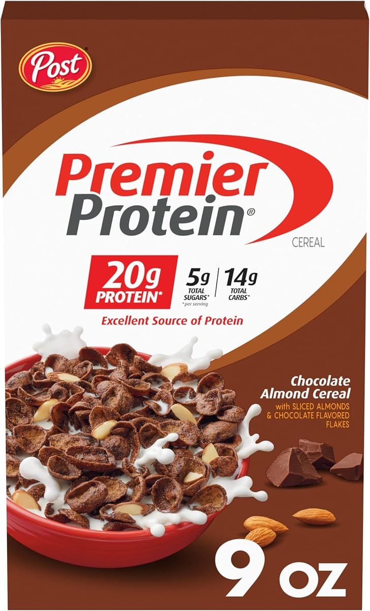 Premier Protein Chocolate Almond Cereal, Chocolatey Protein Breakfast Cereal Flakes with Sliced Almonds, Contains 20g of Protein Per Serving, 9 oz Box