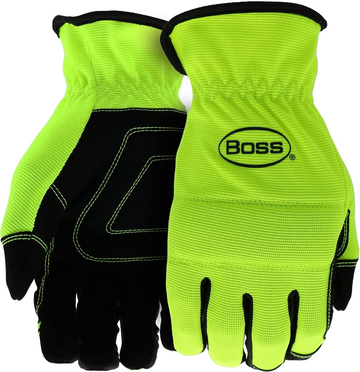 BOSS Men's High Visibility High Dexterity Work Glove, Synthetic Leather Palm, Knuckle Guard, Spandex Backing, Abrasion Resistant, Green, Large, (B52121-L)