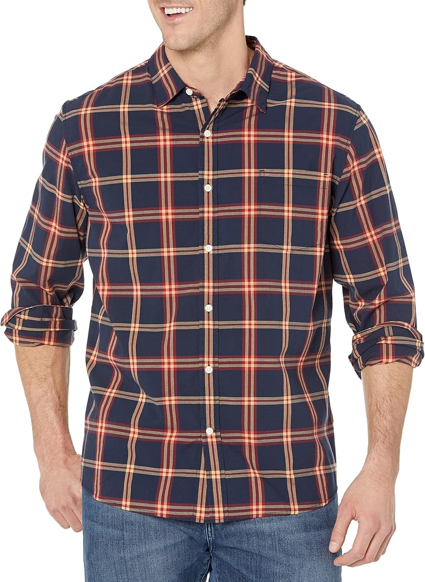 Amazon Essentials Men's Long-Sleeve Regular-Fit Stretch Poplin Shirt, Navy Red Plaid, X-Small