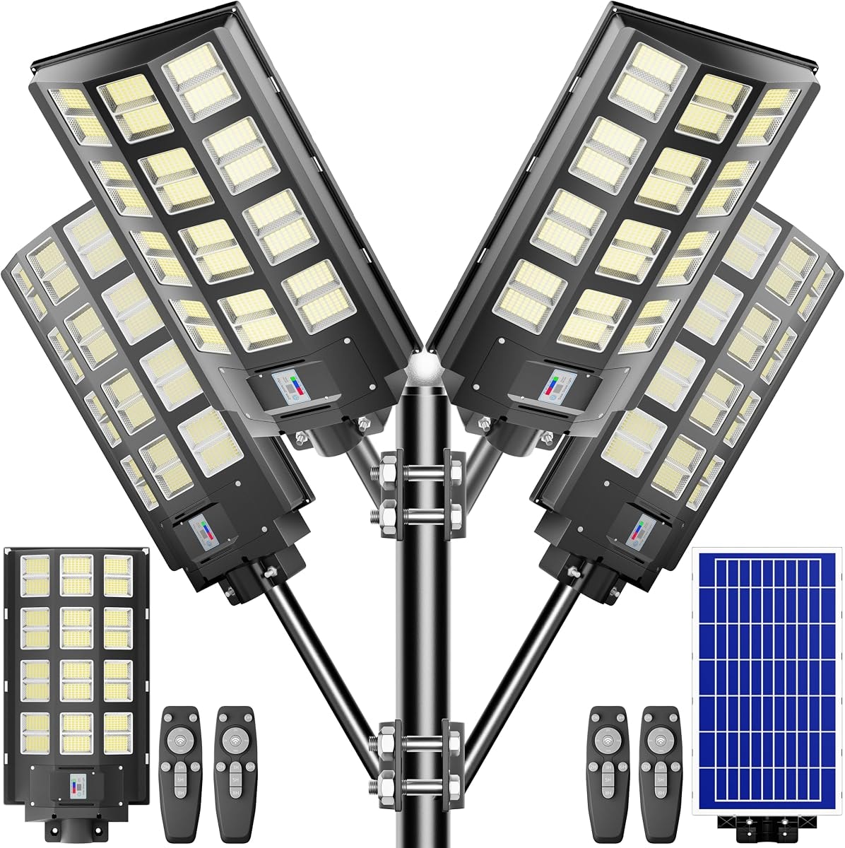 loyoele 8000W 4-Pack Solar Street Light,Solar Street Lights Outdoor Waterproof, 240000LM 7000K Solar Powered Street Light,Dusk to Dawn,with Motion Sensor,LED Wide Angle Lamp